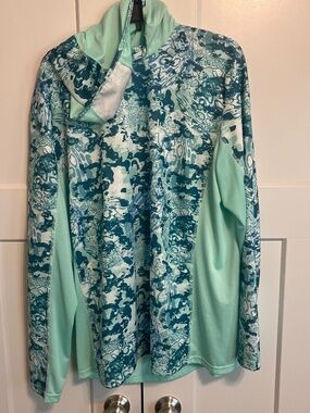 Huk Shirt Mens XL Teal Camo Hooded Long Sleeve Fishing top